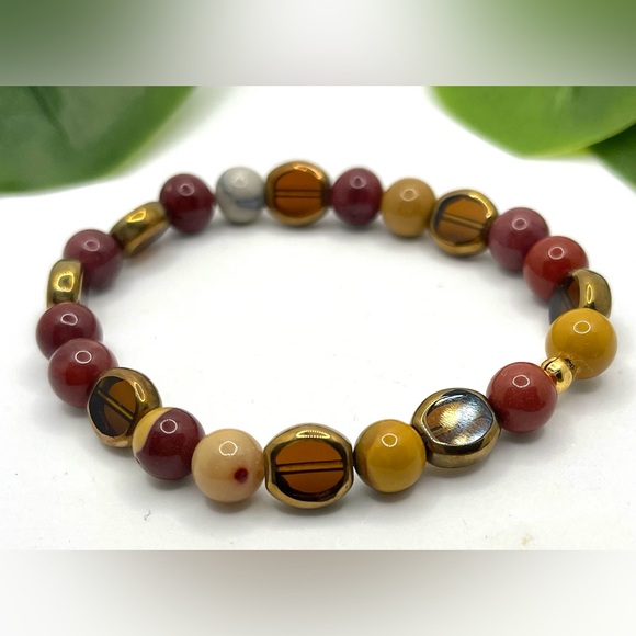 Stretch Bracelet,Natural Mookite Stone,gold Edge Electroplated topaz Glass Beads - Picture 4 of 7